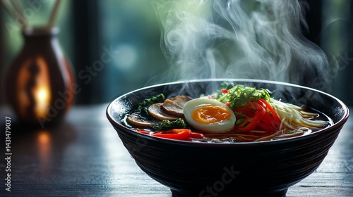 Delicious Bowl of Steamy Ramen With Toppings in a Cozy Setting