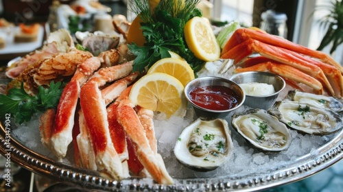 Sumptuous Seafood Platter Filled With Fresh Oysters and Crab at a Festive Gathering