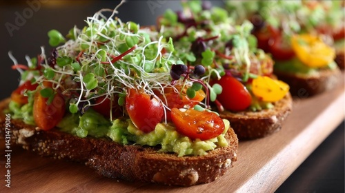 Vegan Avocado Toast Topped With Fresh Vegetables Served at a Cozy Café in the Morning