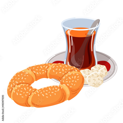 Traditional Turkish breakfast tea with simit with sesame seed in cartoon. Vector illustration isolated on a white background.