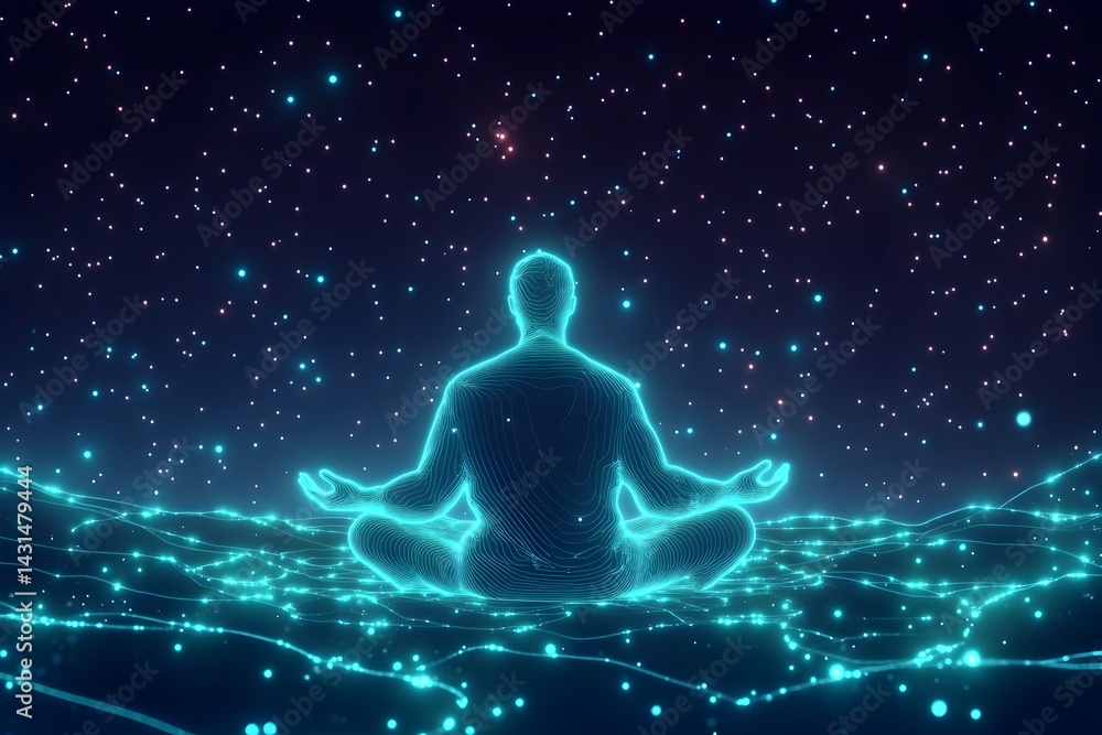 A glowing, digital human figure meditates on a field of light amidst a starry night sky A glowing, digital human figure meditates on a field of light amidst a starry night sky