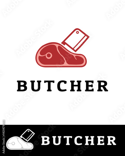 A bold butcher logo featuring a red meat cut and cleaver isolated on white 