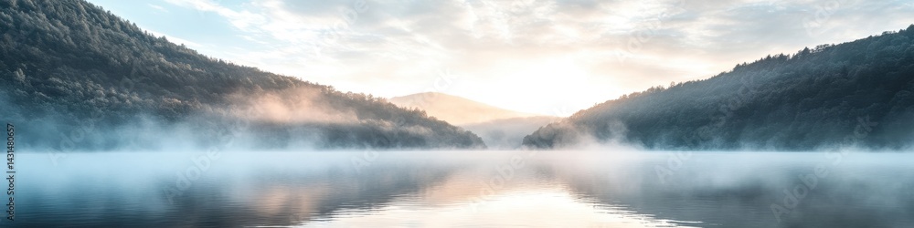 A dreamy river landscape with misty hills and soft morning light, with the uncluttered sky providing a seamless space for call-to-action text. A dreamy river landscape with misty hills and soft morning light, with the uncluttered sky providing a seamless space for call-to-action text.