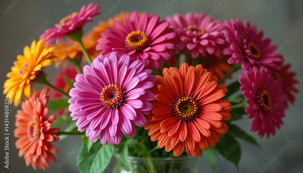 Obraz premium Colorful Gerbera Daisies Arranged in a Vase, Showcasing Vibrant Hues of Pink, Orange, and Yellow in a Fresh Floral