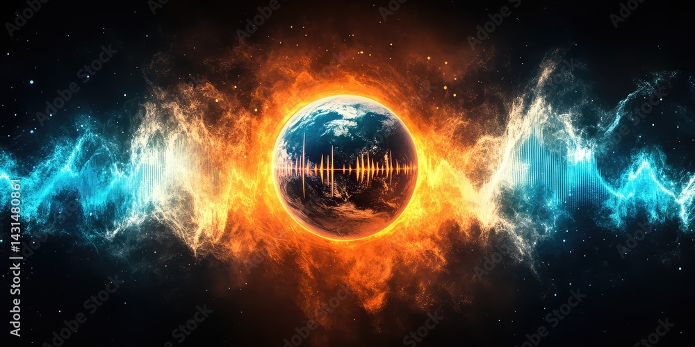 Obraz premium Fiery planet engulfed in cosmic energy waves. Opposing forces of fire and ice surround the globe