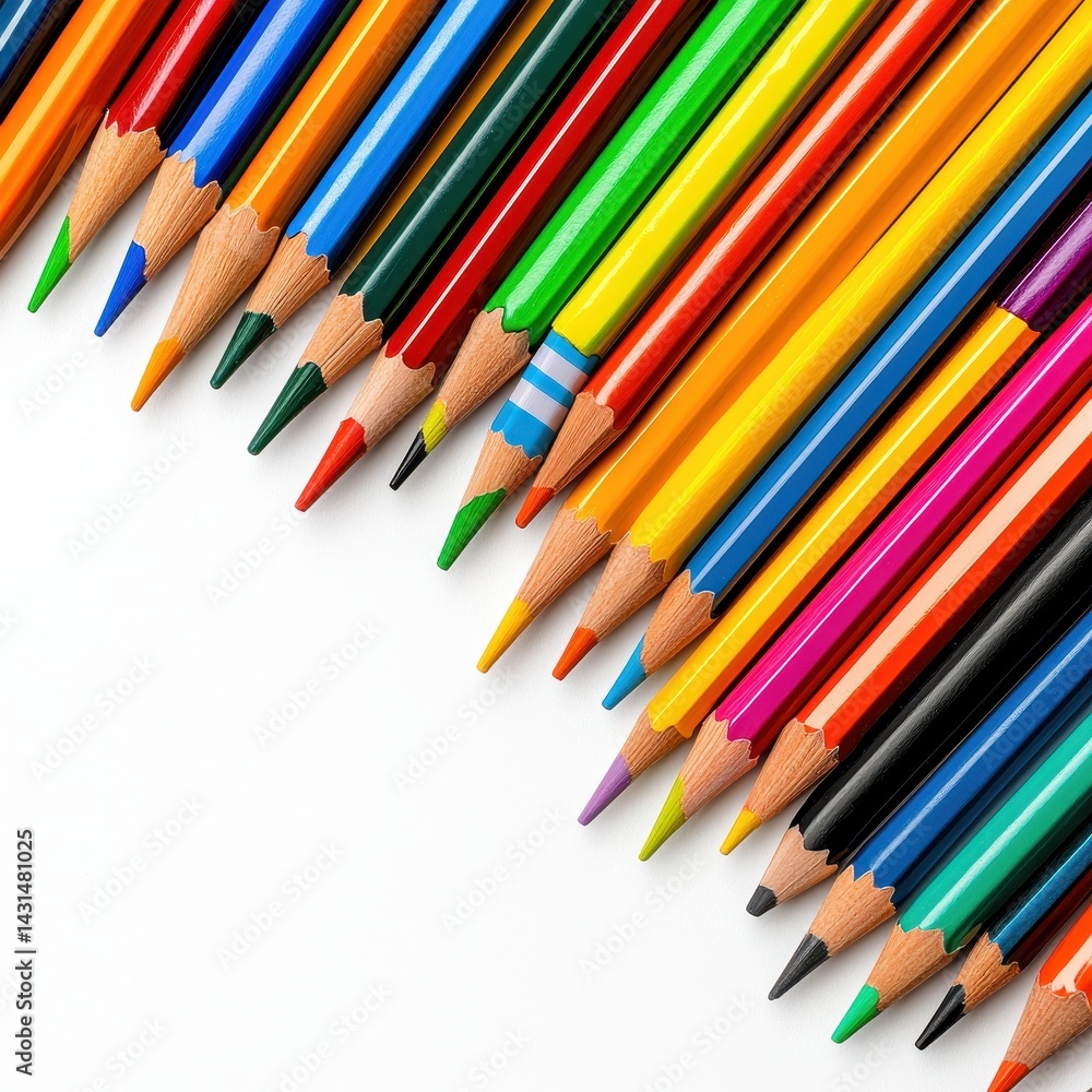 Diagonal Display of Vibrant Colored Pencils on White Background for Creative Projects Diagonal Display of Vibrant Colored Pencils on White Background for Creative Projects