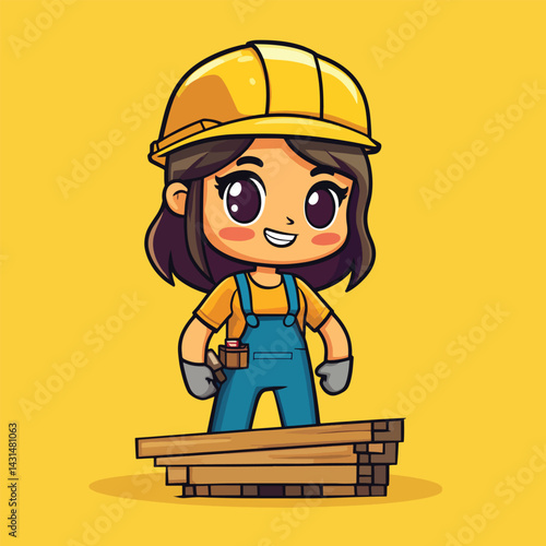 carpenter woman mascot cute cartoon no details solid background bright