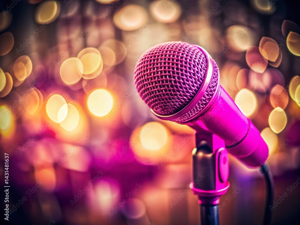 Close-up of a Pink Microphone Ready for a Singer, Documentary Style