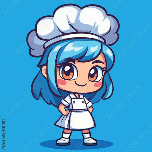 Chef girl mascot cute cartoon no details solid background bright