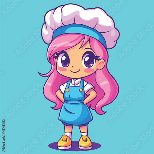 Chef girl mascot cute cartoon no details solid background bright