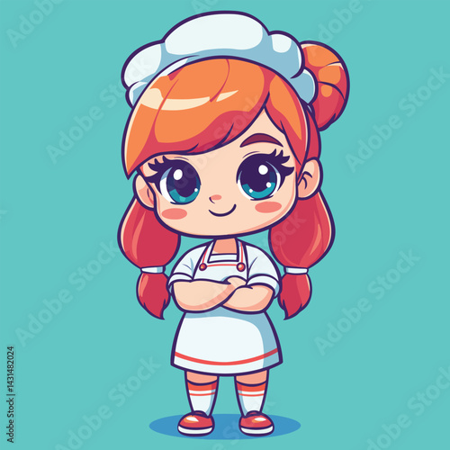 Chef girl mascot cute cartoon no details solid background bright