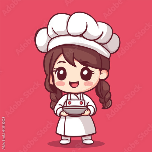 Chef girl mascot cute cartoon no details solid background bright