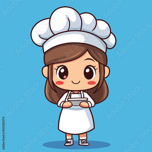 Chef girl mascot cute cartoon no details solid background bright