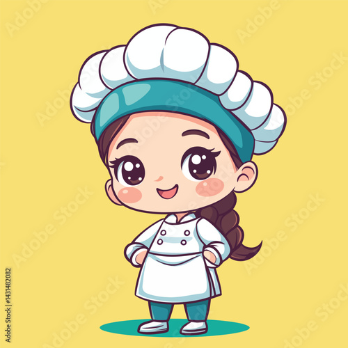Chef girl mascot cute cartoon no details solid background bright