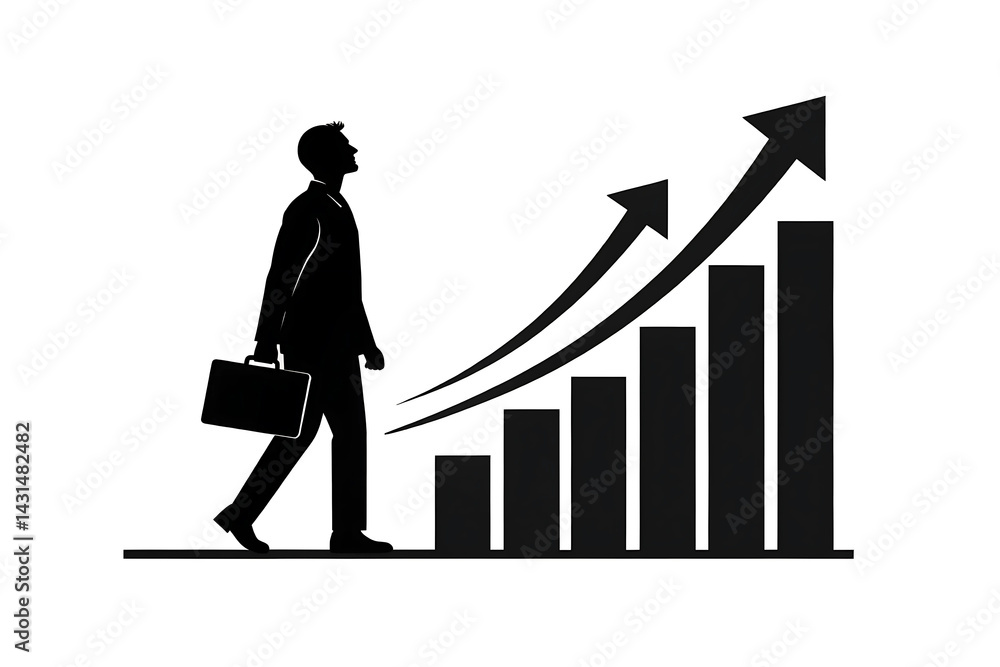 A businessman confidently striding towards soaring growth a symbol of ambition and success in a bold black and white minimalist design A businessman confidently striding towards soaring growth a symbol of ambition and success in a bold black and white minimalist design