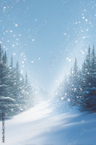 Snow falling on path through pine trees forest, wintertime backgrounds.