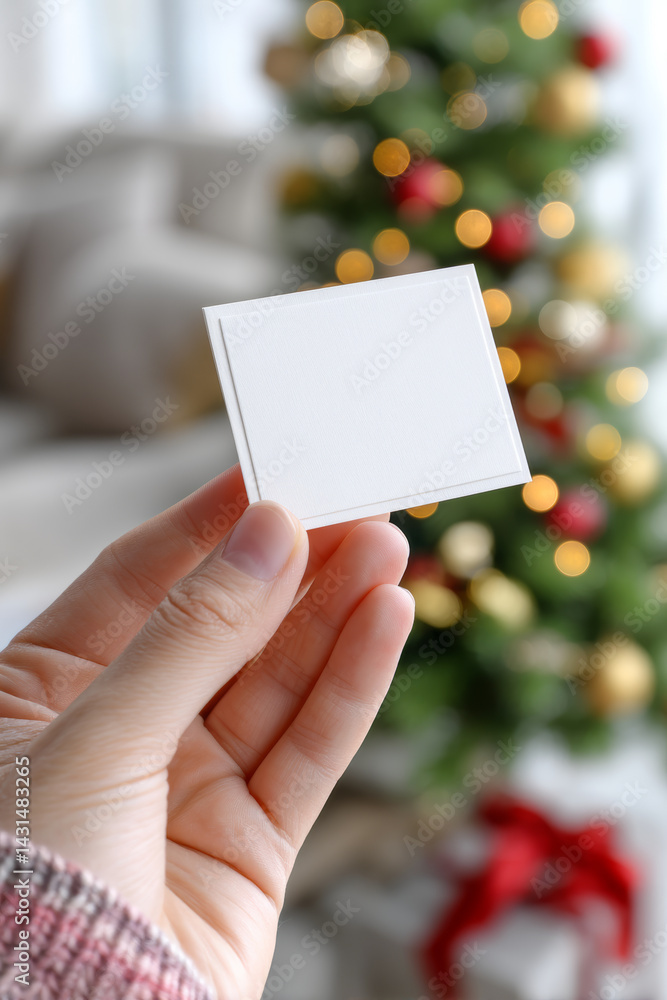 Woman hand holding blank greeting card with Christmas tree background at home Woman hand holding blank greeting card with Christmas tree background at home