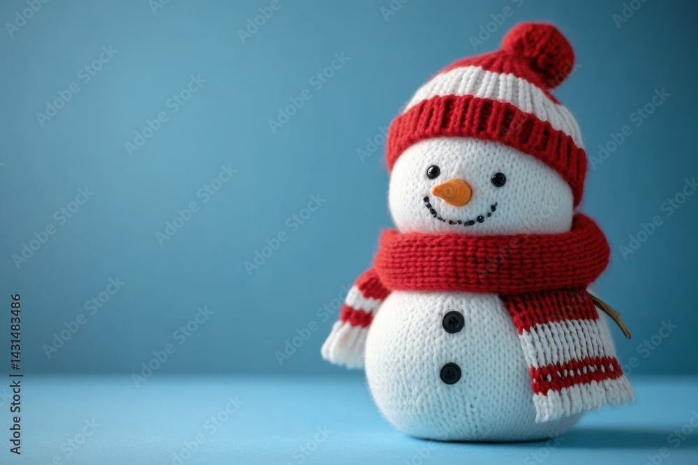 Cute knitted snowman with red scarf and hat on blue background Cute knitted snowman with red scarf and hat on blue background