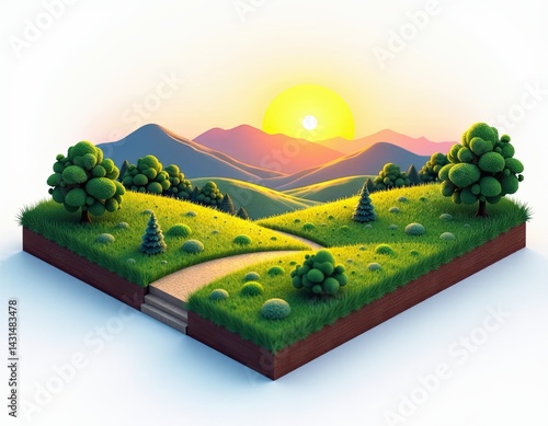 Isometric Landscape with Trees and Sunset