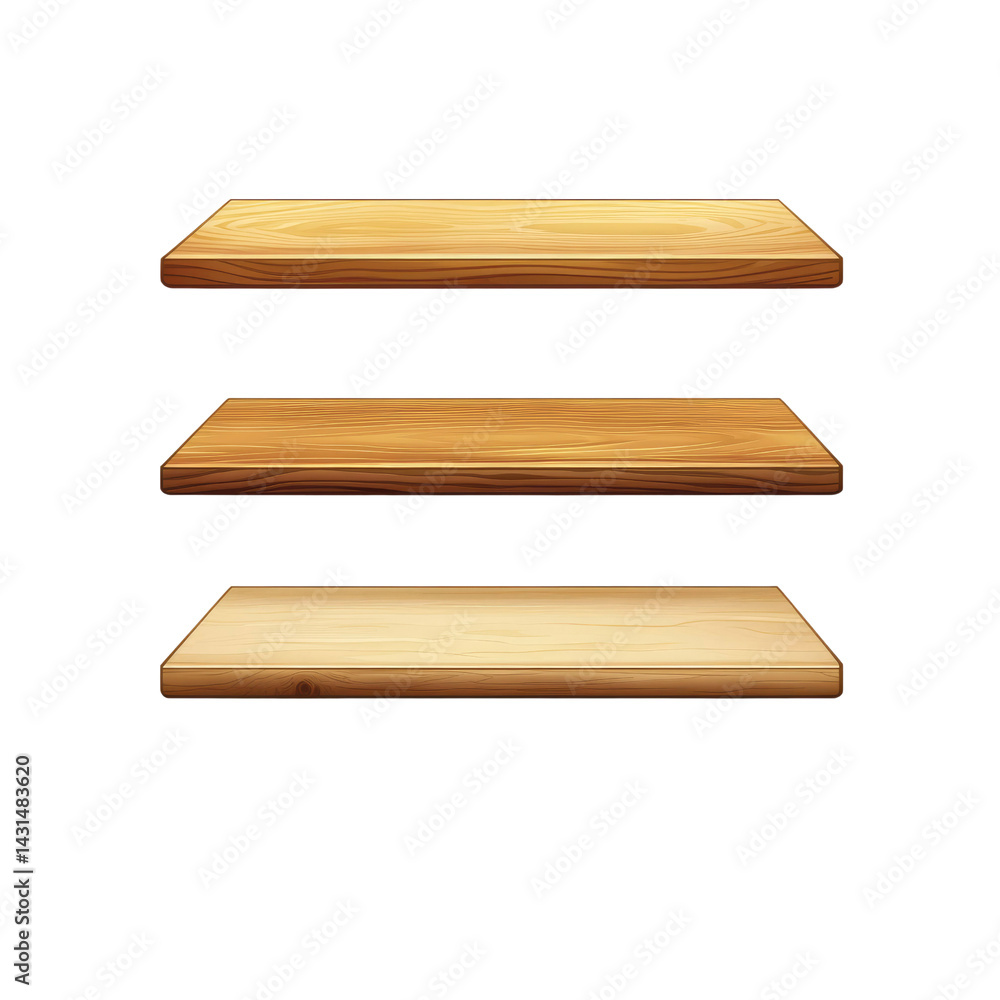 Three Empty Wooden Shelves Isolated on Transparent Background - Mockup for Product Display Three Empty Wooden Shelves Isolated on Transparent Background - Mockup for Product Display