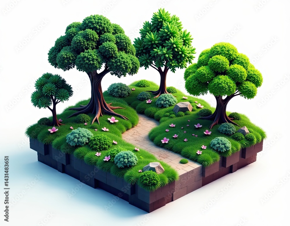 Isometric Garden Scene with Trees and Flowers
