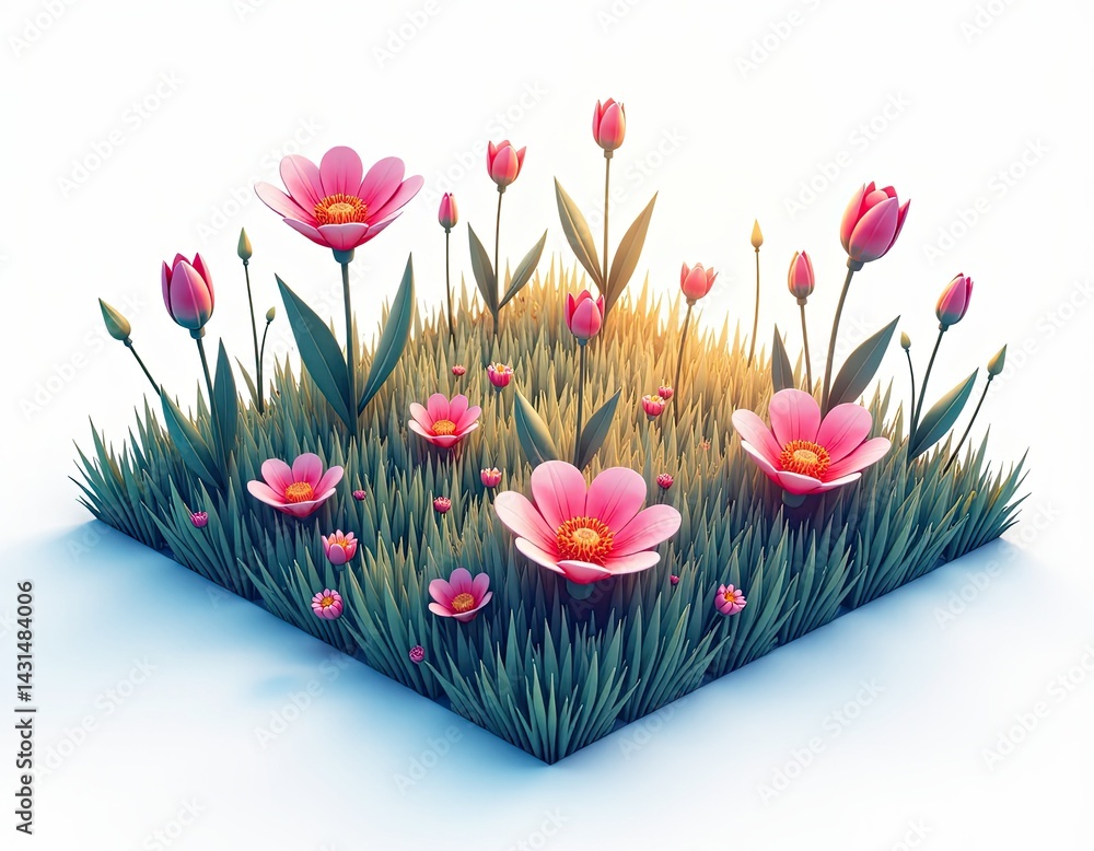 3D Render of Pink Flowers in Lush Green Grass - Spring Meadow