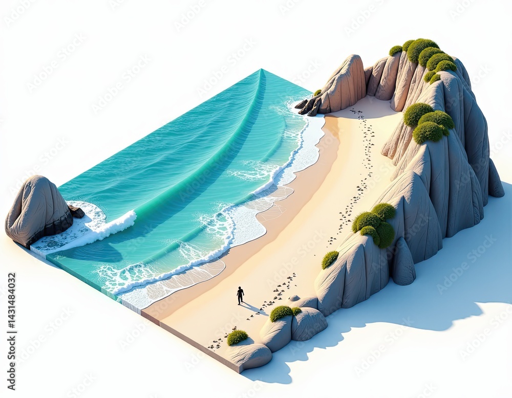 Isometric Beach Scene Tranquil Ocean Waves, Sandy Shore, and Rocky Cliffs