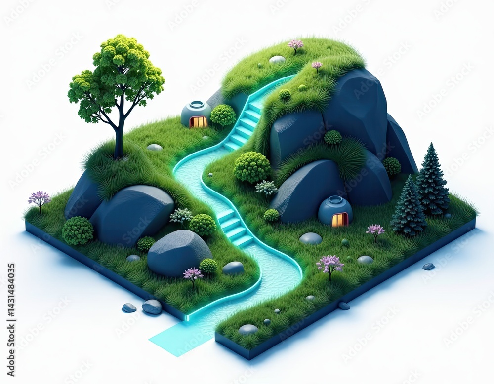 Serene 3D Render of a Miniature Island Paradise with Glowing Stream and Steps