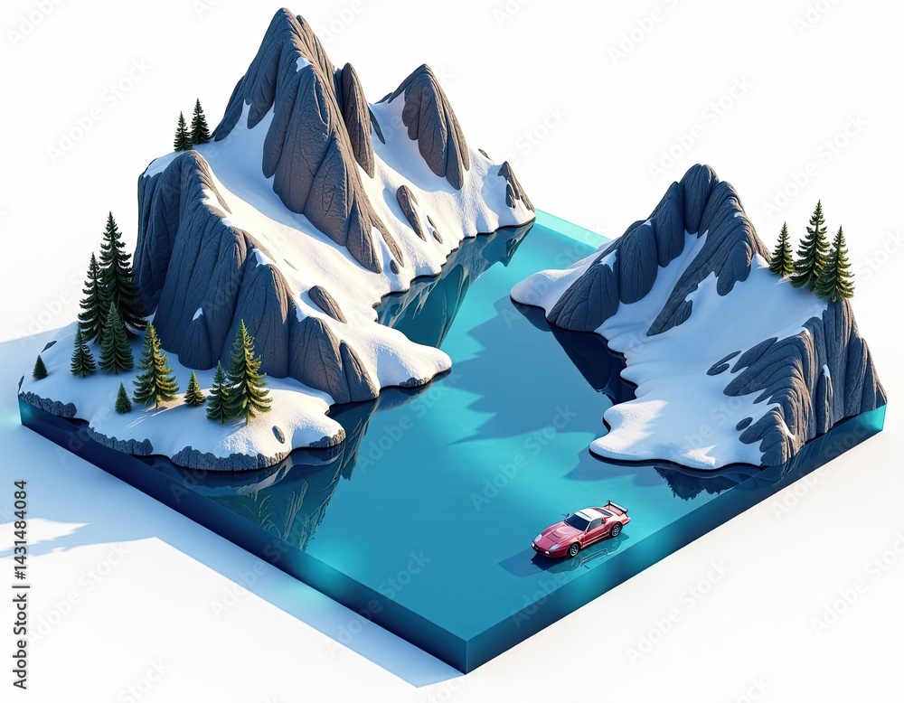 Isometric Winter Landscape with Red Sports Car