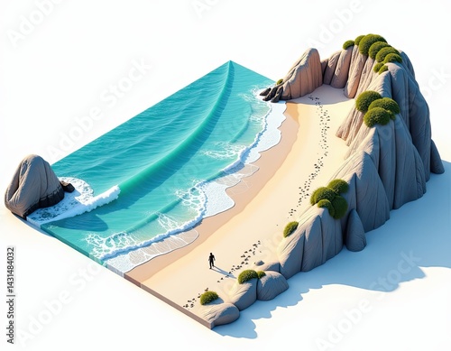 Obraz na płótnie Isometric Beach Scene Tranquil Ocean Waves, Sandy Shore, and Rocky Cliffs w salonie