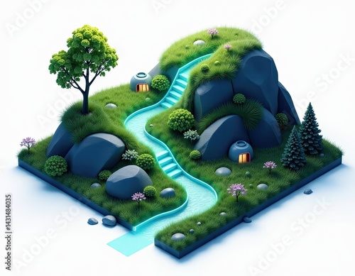 Obraz na płótnie Serene 3D Render of a Miniature Island Paradise with Glowing Stream and Steps w salonie