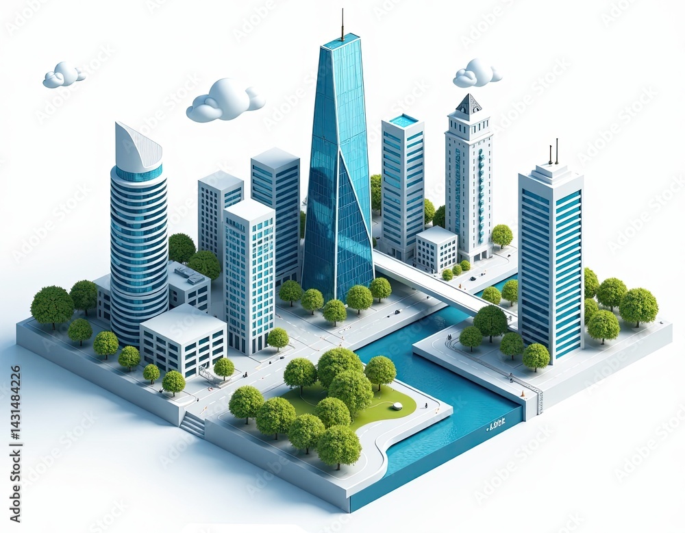 Isometric Cityscape Modern Buildings, Green Spaces, and Urban Development