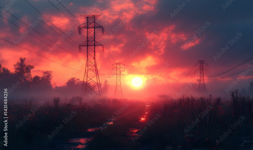 Fototapeta premium Serene sunset over a misty landscape with power lines silhouetted against vibrant skies