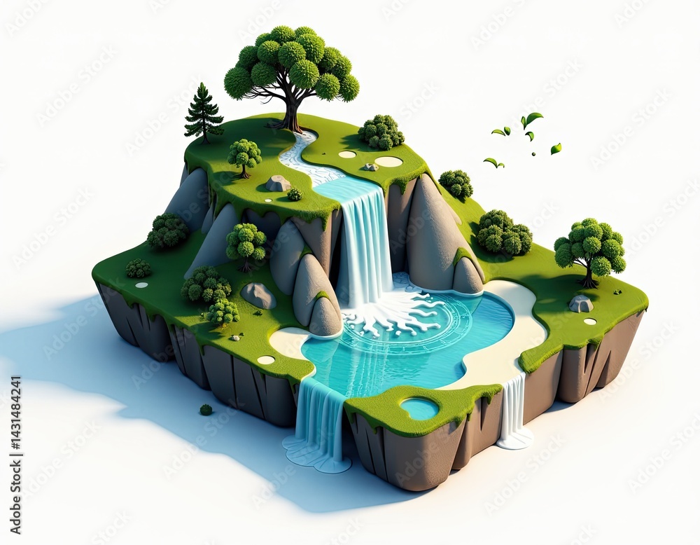 Cartoon Island with Waterfall