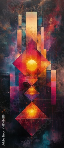 Abstract geometric shapes with glowing light against a dark colorful background.