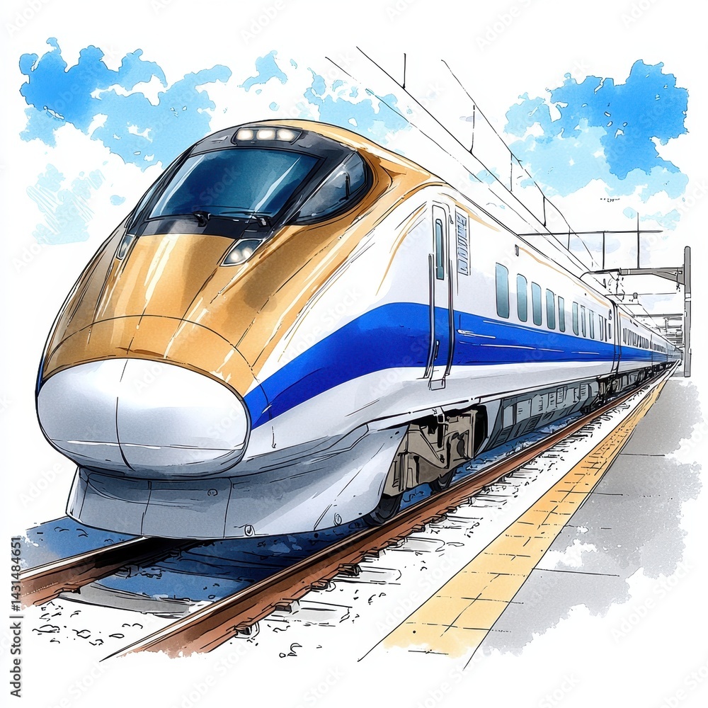 Fototapeta premium Gold and Blue High Speed Train Watercolor Illustration