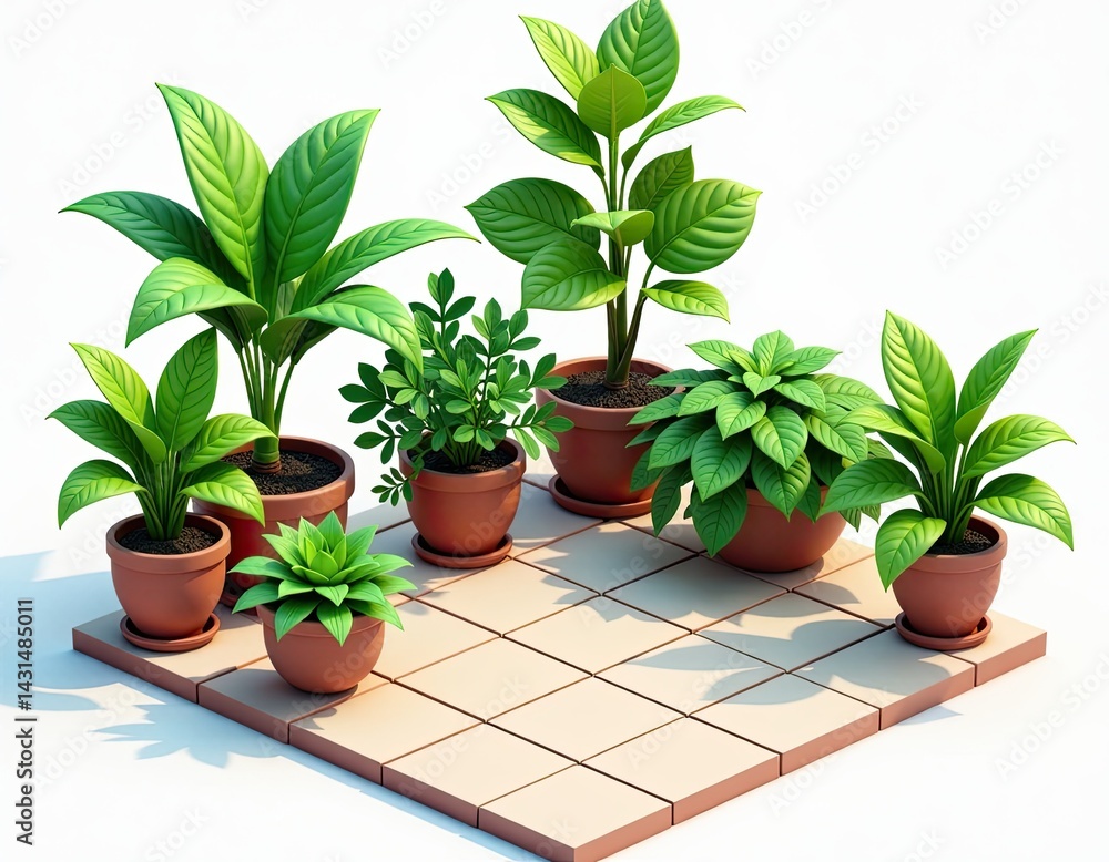 Potted Plants Arrangement on Tile Patio - 3D Render