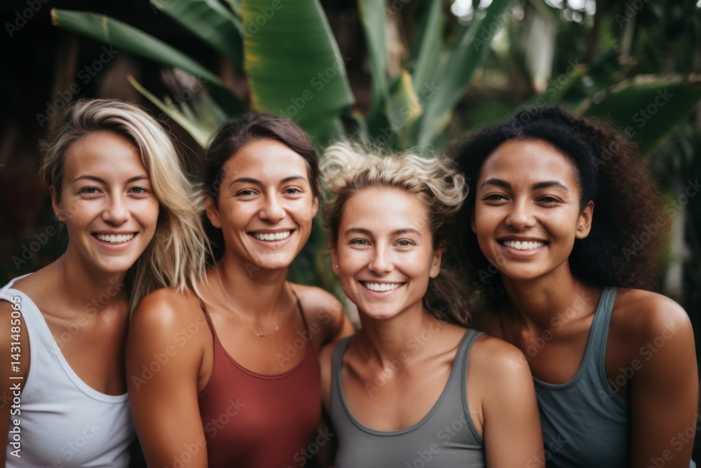 Fototapeta premium Portrait of smiling group of female yoga instructors in Bali