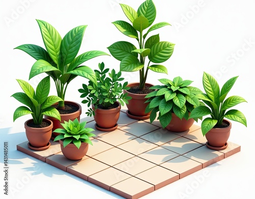 Obraz na płótnie Potted Plants Arrangement on Tile Patio - 3D Render w salonie