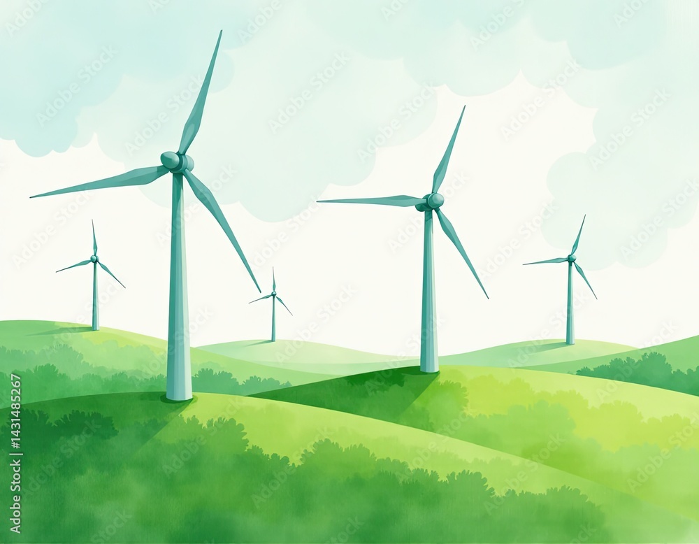 Watercolor Wind Turbines on Green Hills