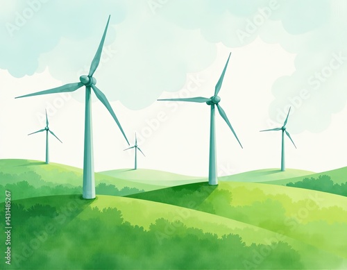 Obraz na płótnie Watercolor Wind Turbines on Green Hills w salonie