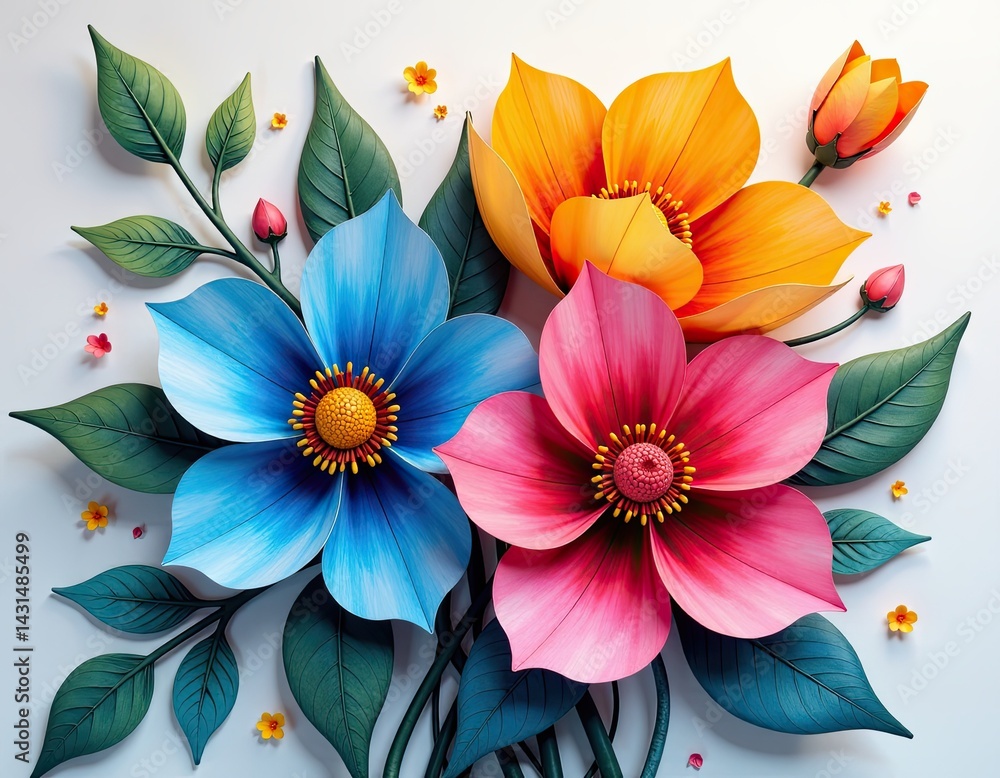 Colorful Paper Flowers on White Background