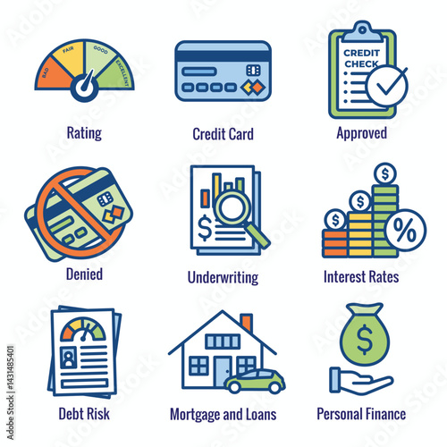Credit Score and Loans Icon Set with Approved Credit Underwriting Interest Rates Debt Mortgage Refinance