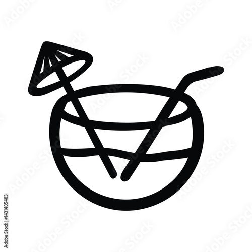 Fishbowl Cocktail with Drink umbrella Icon Hand Drawn Black White Thick Lines