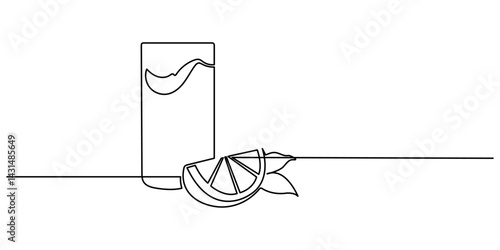 Continuous one line drawing of orange juice vector illustration . Orange juice in a glass with lemon wedges on the glass. Glass of orange drink and lemon slices in doodle style. Editable stroke.