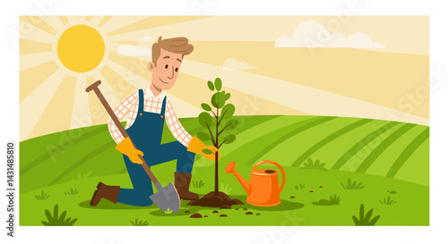 Young man planting a tree in a sunny field, concept of greening the planet and preserving nature