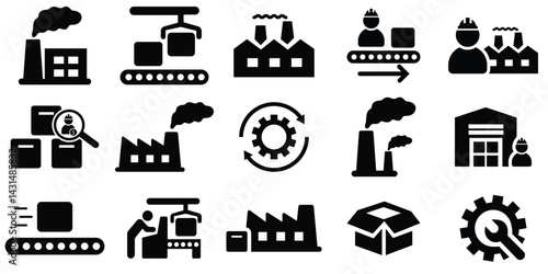 Industrial Factory Line Icons – Editable Vector Set with Machinery, Automation, and Production Elements
