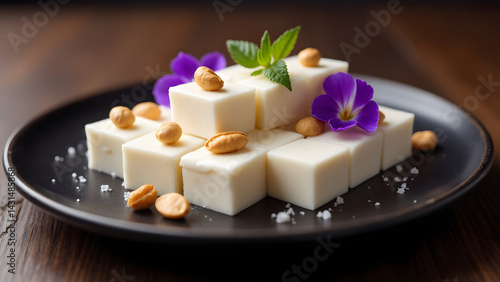 White Cubed Dessert with Peanuts and Purple Flowers.
