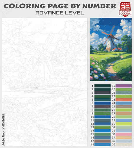 Color by Number Printable – Scenic Windmill in Flower Field, Advanced Countryside Coloring Page for Adults