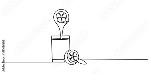 Continuous one line drawing of orange juice vector illustration . Orange juice in a glass with lemon wedges on the glass. Glass of orange drink and lemon slices in doodle style. Editable stroke.